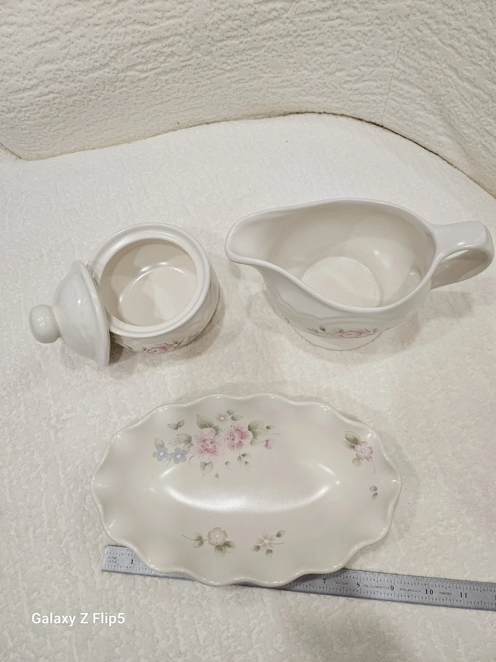 White Floral Ceramic Gravy Boat, Sugar Bowl & Serving Dish Set